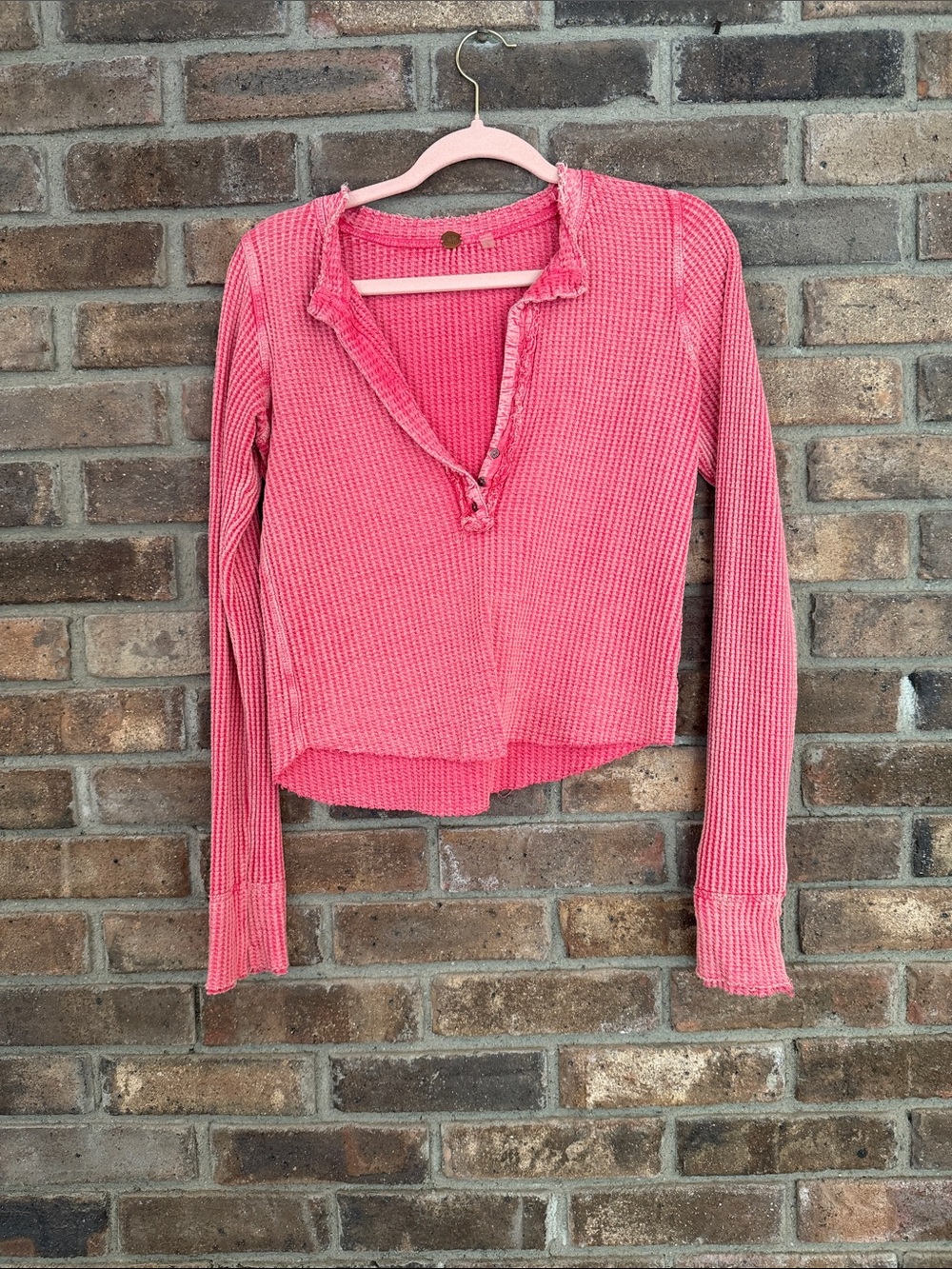 Free People Coral Pink Waffle Knit Henley Long Sleeve Top